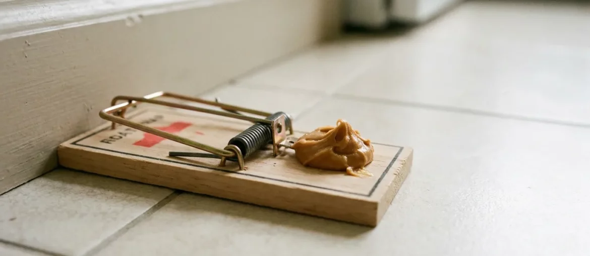 Tapette à rat appâtée avec du beurre de cacahuète le long d'une plinthe