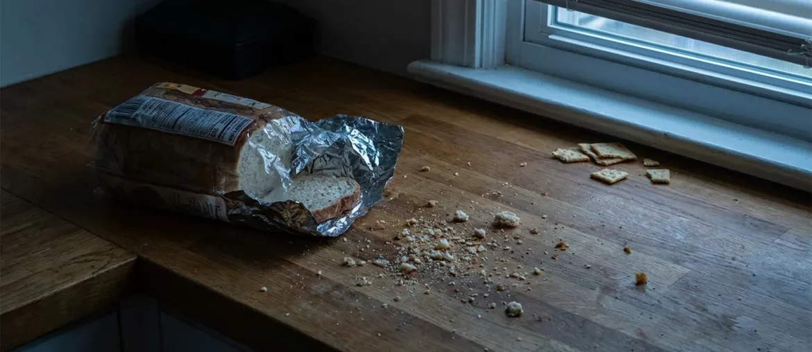 Miettes et aliments laissés à l'air libre sur un plan de travail, ce qui attire les rats et souris