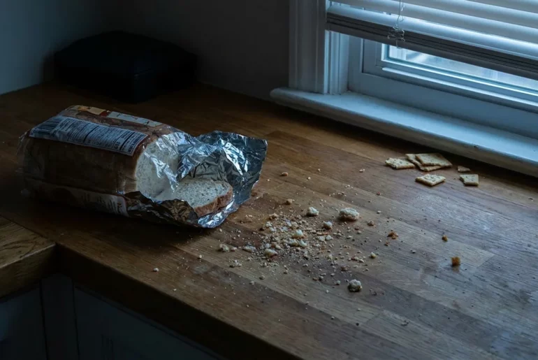 Miettes et aliments laissés à l'air libre sur un plan de travail, ce qui attire les rats et souris