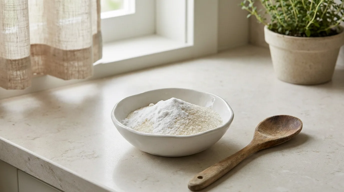 Mélange de bicarbonate de soude et de sucre dans une petite coupelle sur un plan de travail propre