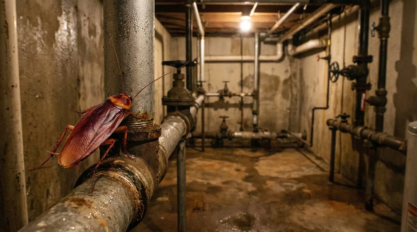 Blatte américaine brun-roux près d'une canalisation dans un sous-sol