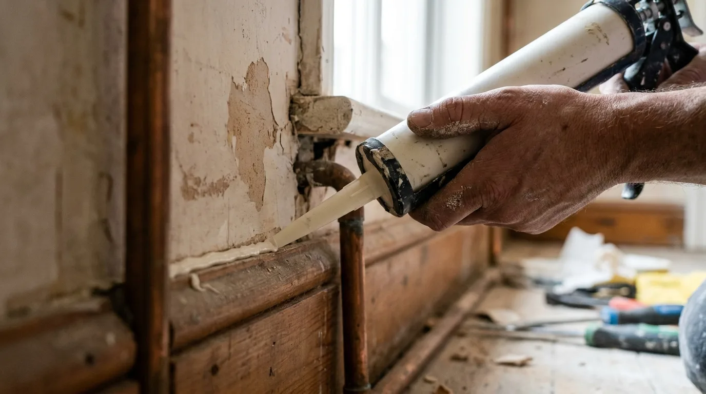 Application de mastic pour boucher une fissure et empêcher l'entrée des cafards