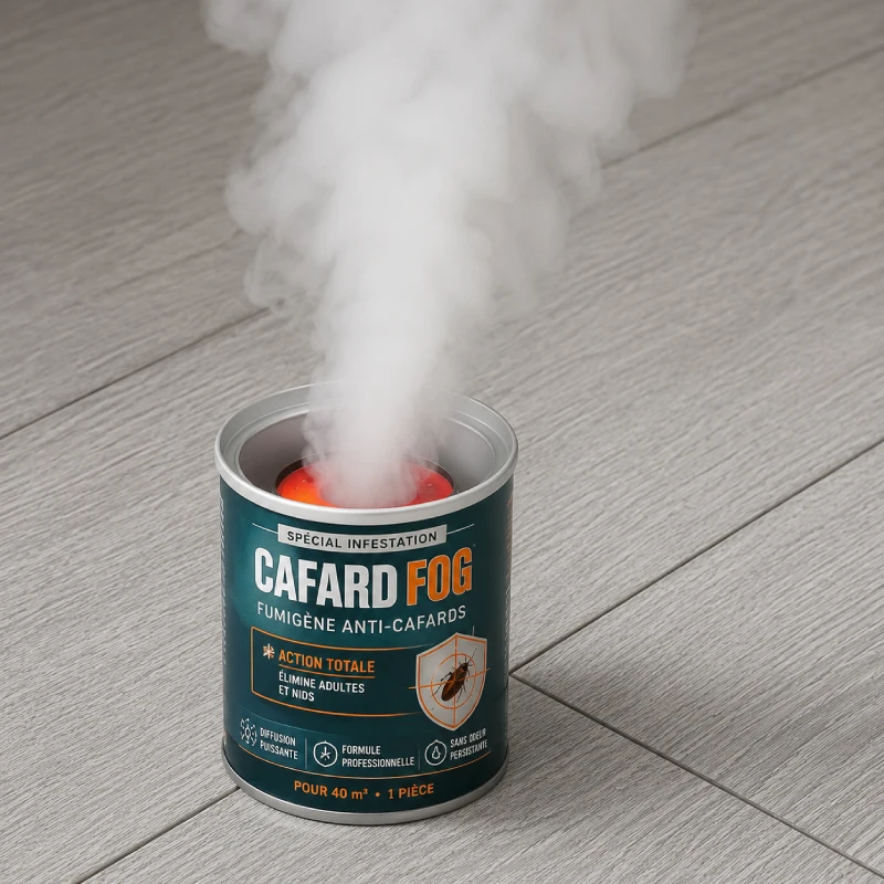 Fumigène anti-cafard hydro-réactif posé sur une assiette au centre d'une pièce fermée diffusant une fumée insecticide