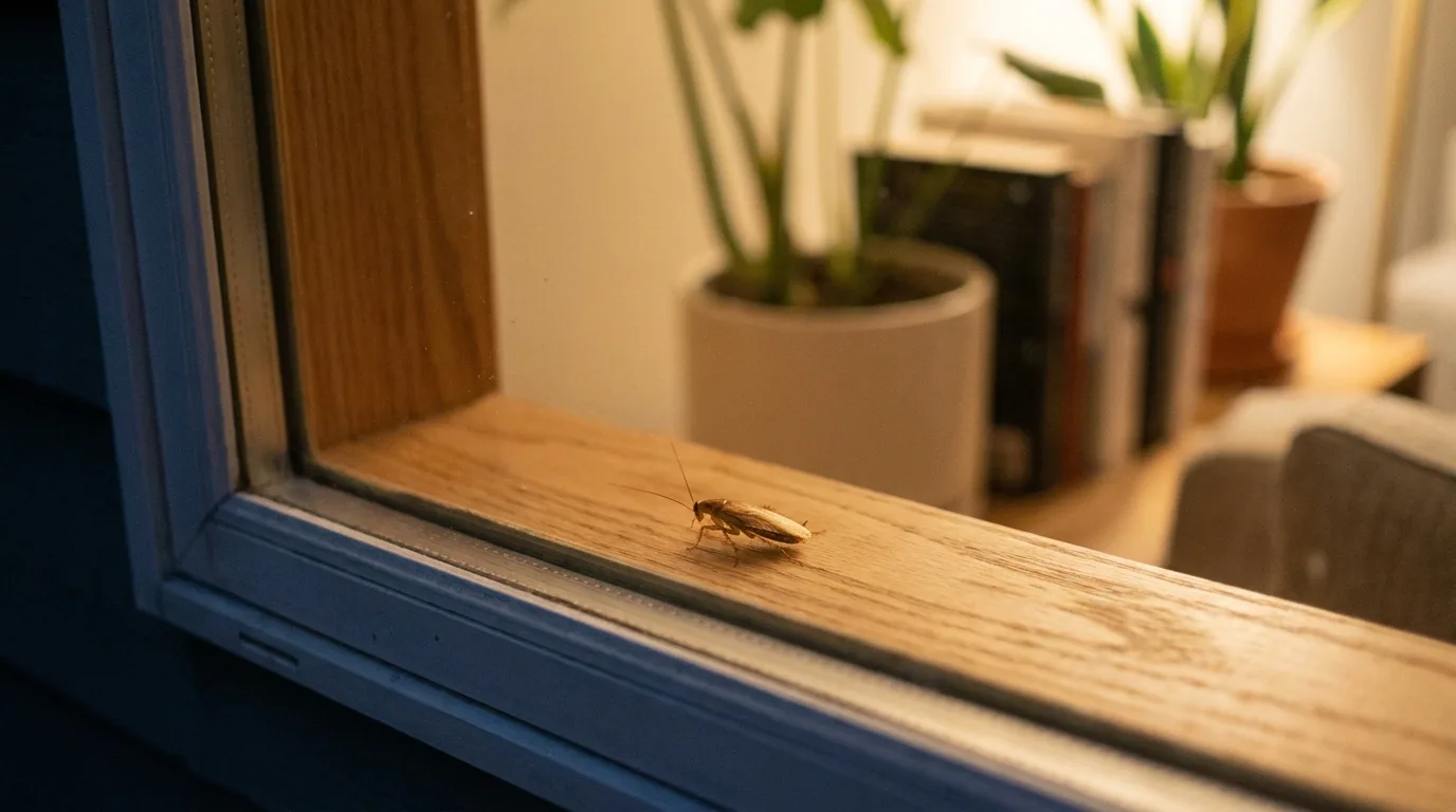 Cafard de jardin sur le rebord d'une fenêtre, attiré par la lumière