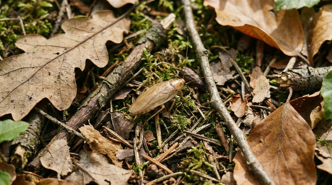 Cafard de jardin (Ectobius) brun clair posé sur des feuilles à l'extérieur