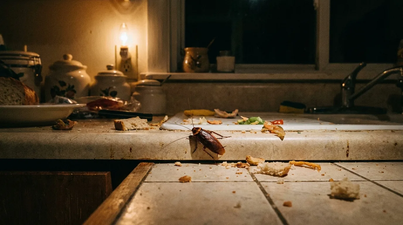 Cafard de maison sur un plan de travail de cuisine la nuit