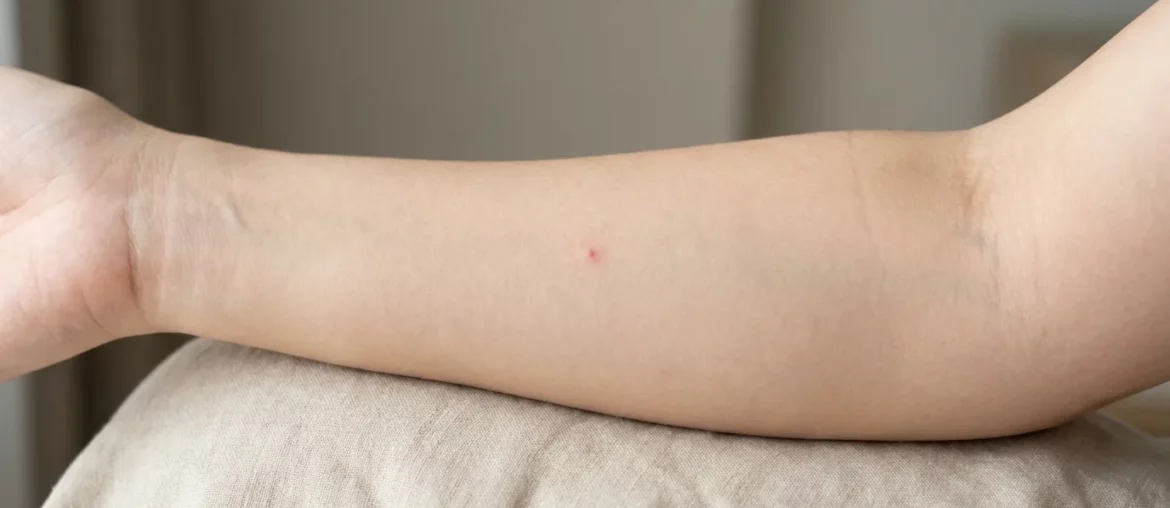Petite marque rouge isolée sur un avant-bras, aspect d'une morsure de cafard bénigne