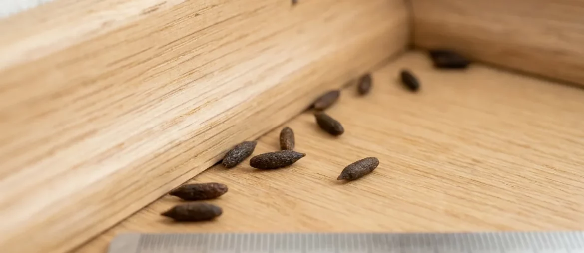 Crottes de souris noires en forme de grain de riz aux extrémités pointues, posées sur une surface claire