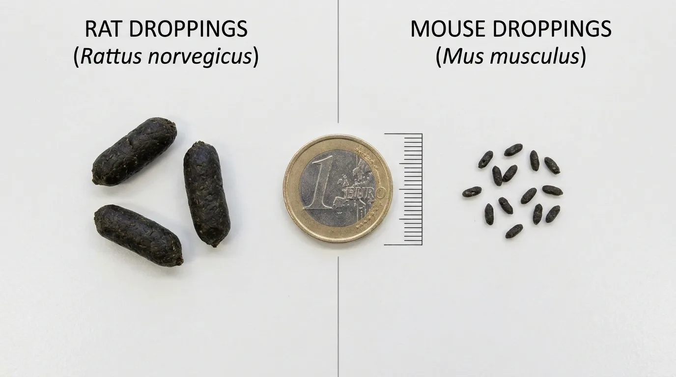 Comparaison de taille entre des crottes de rat (grosses) et des crottes de souris (petites) sur fond clair