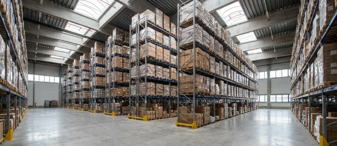 Intérieur d'un grand entrepôt logistique propre avec rayonnages et palettes