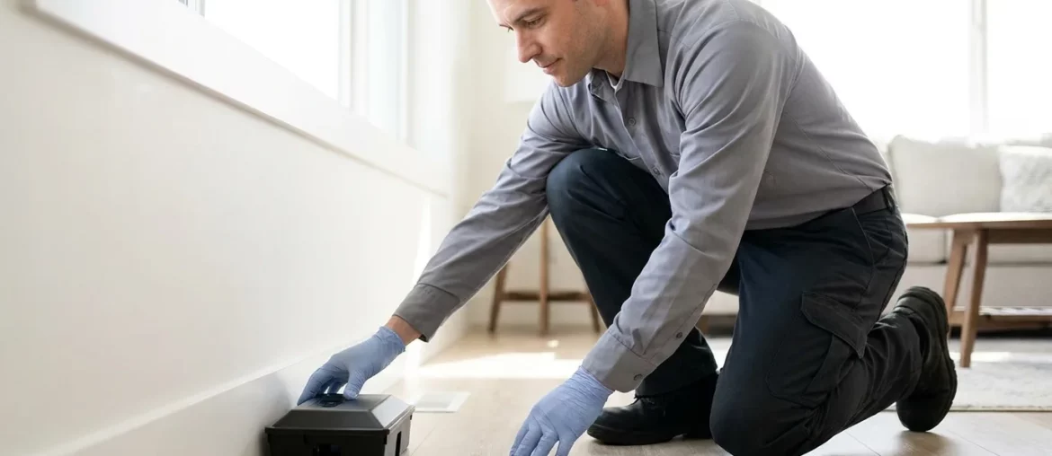 Technicien dératiseur installant un poste d'appâtage sécurisé contre les rats et souris