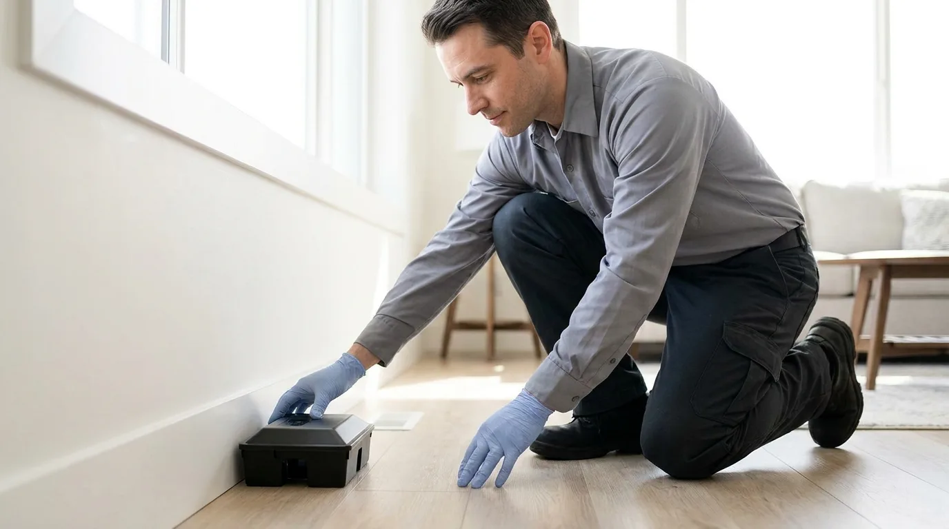 Technicien dératiseur installant un poste d'appâtage sécurisé le long d'une plinthe propre