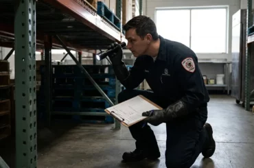 Dératiseur professionnel certifié inspectant un local d'entreprise