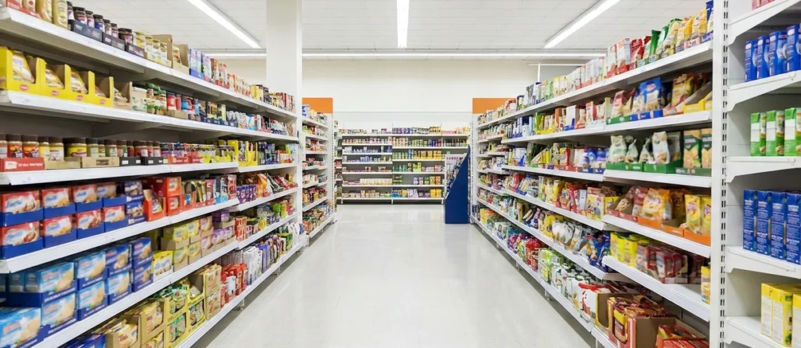 Rayon de supermarché propre et bien rangé, point de vente protégé des nuisibles