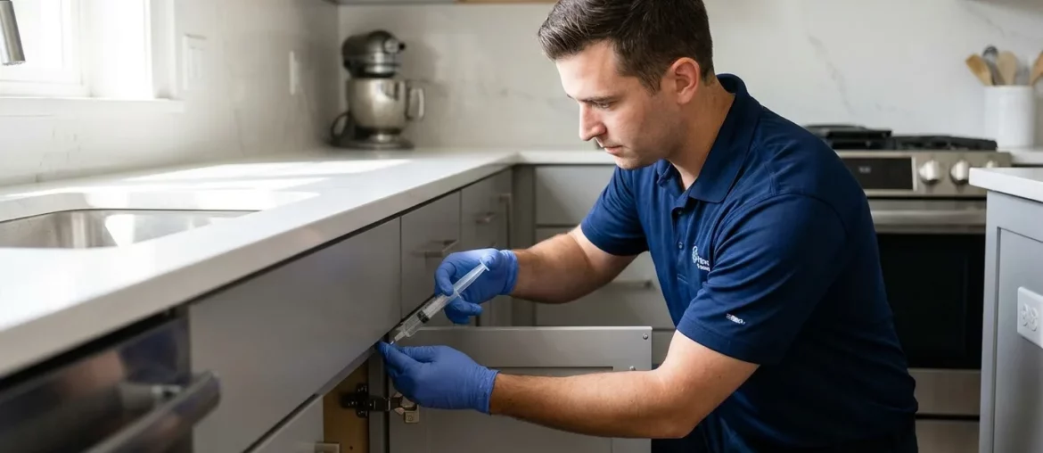 Désinsectisation cafards : technicien professionnel appliquant un gel anti-cafard dans une cuisine