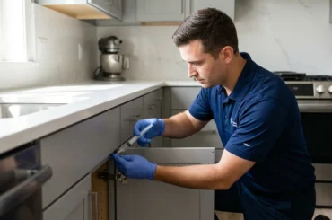 Désinsectisation cafards : technicien professionnel appliquant un gel anti-cafard dans une cuisine