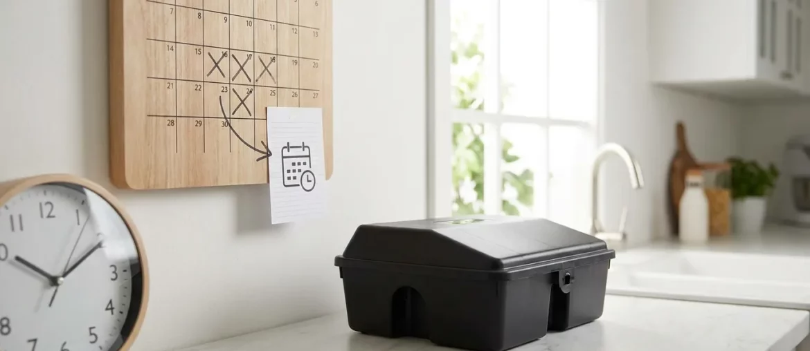 Calendrier et horloge illustrant la durée d'une dératisation, avec un poste d'appâtage