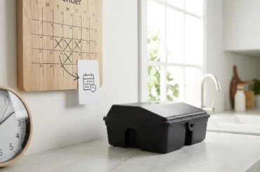Calendrier et horloge illustrant la durée d'une dératisation, avec un poste d'appâtage