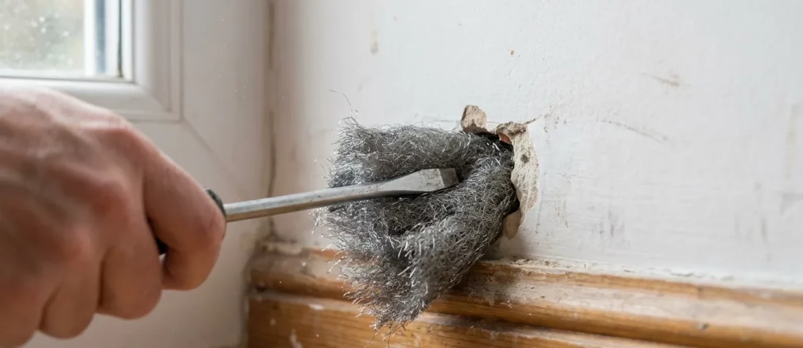 Trou dans un mur bouché avec de la laine d'acier pour empêcher les rongeurs d'entrer