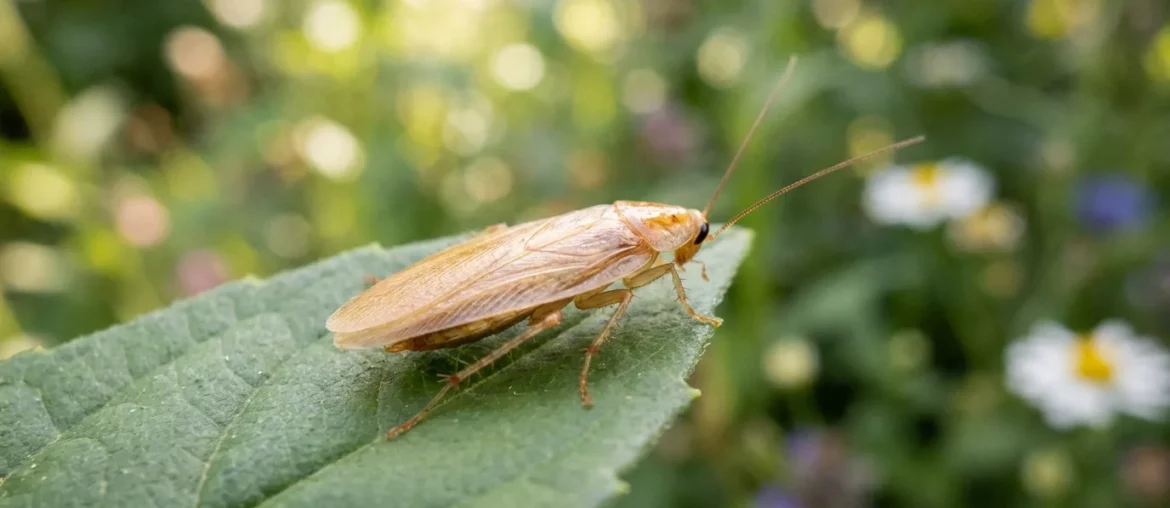 Cafard de jardin (Ectobius) sur une feuille verte à l'extérieur