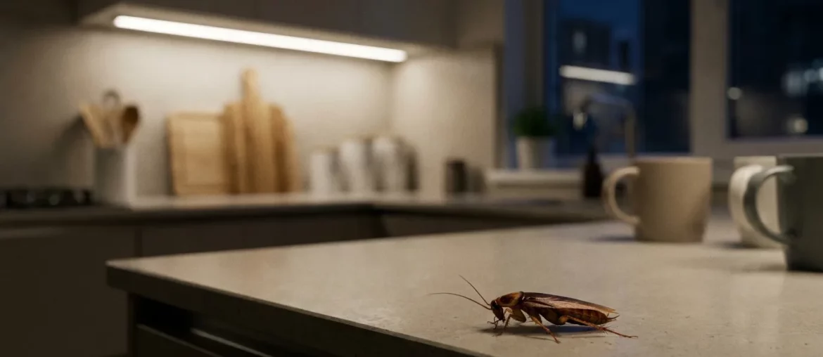 Cafard de maison sur un plan de travail de cuisine la nuit