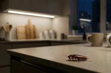 Cafard de maison sur un plan de travail de cuisine la nuit
