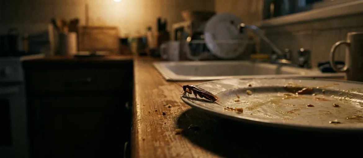 Cafard sur un plan de travail de cuisine, risque de contamination