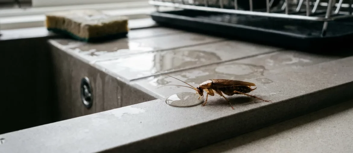 Cafard près d'un évier de cuisine, attiré par l'humidité