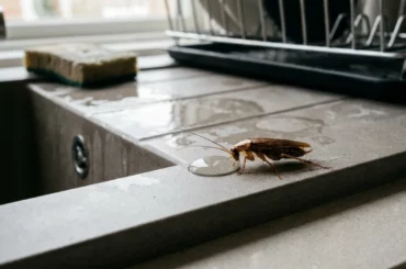 Cafard près d'un évier de cuisine, attiré par l'humidité