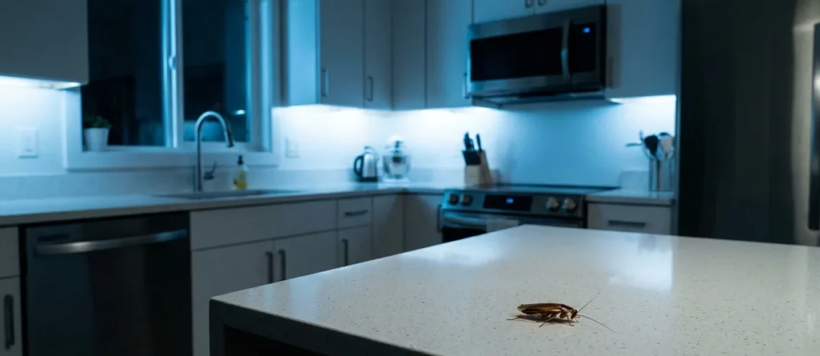 Cuisine moderne la nuit avec un cafard sur le plan de travail