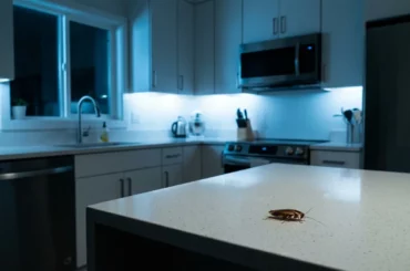 Cuisine moderne la nuit avec un cafard sur le plan de travail
