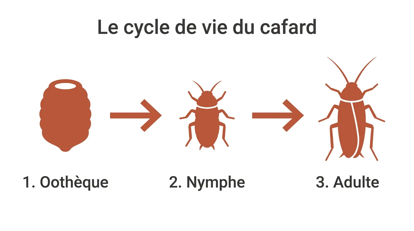 Infographie du cycle de vie du cafard : oothèque, nymphe puis adulte