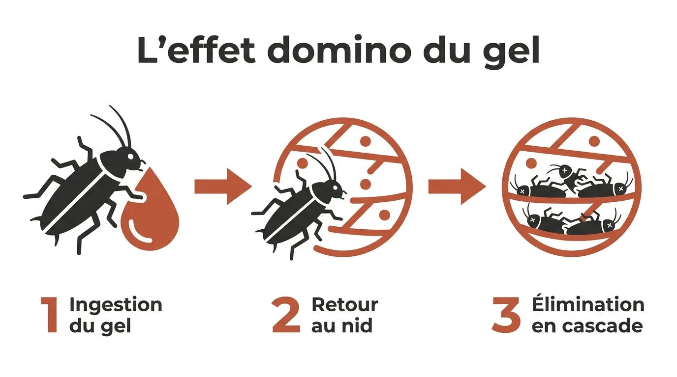 Infographie de l'effet domino du gel anti-cafard en trois étapes