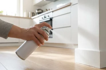 Insecticide anti-cafard en spray appliqué le long d'une plinthe de cuisine