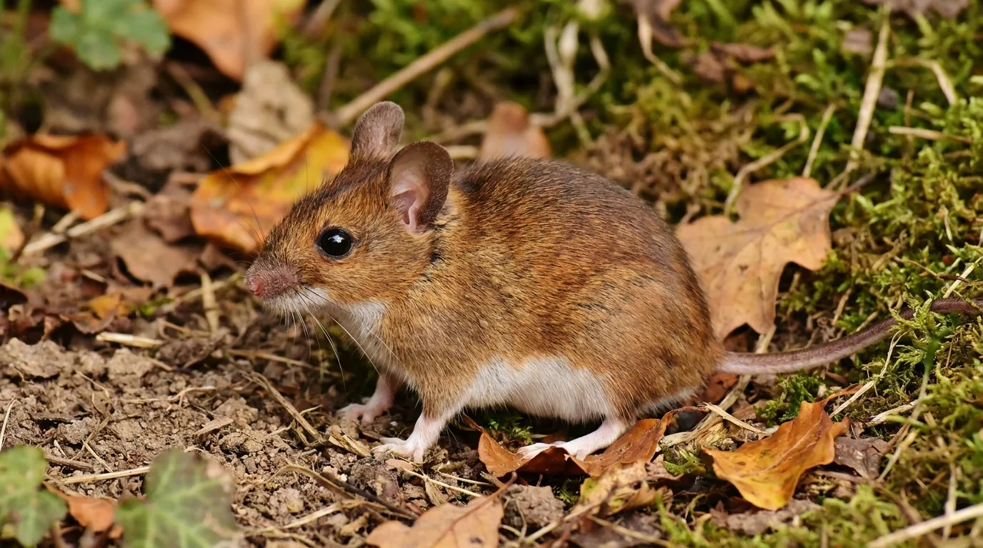 Mulot sylvestre (Apodemus sylvaticus) au pelage roux et au ventre blanc, dans un jardin