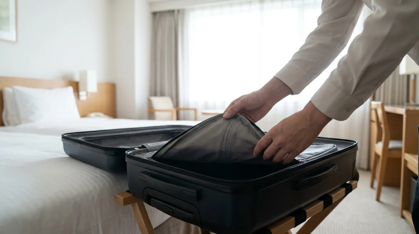 Valise ouverte inspectée sur un porte-bagages dans une chambre propre, pour éviter de ramener des cafards