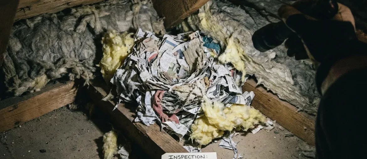 Nid de rat fait de papier déchiqueté, tissu et isolant entassés dans un recoin sombre