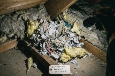 Nid de rat fait de papier déchiqueté, tissu et isolant entassés dans un recoin sombre