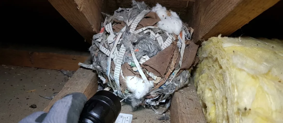 Nid de souris en forme de boule fait de papier, tissu et isolant déchiquetés dans un recoin sombre