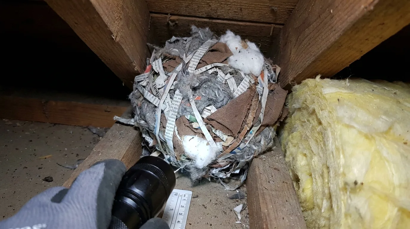 Nid de souris en forme de boule fait de papier, tissu et isolant déchiquetés dans un recoin sombre
