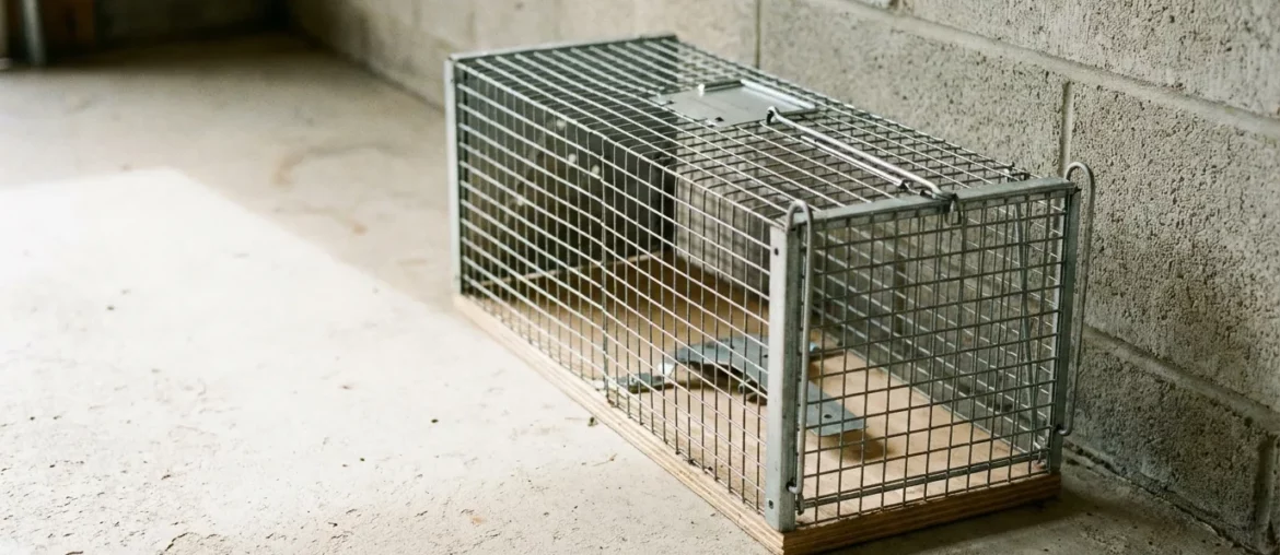 Nasse cage piège à rat vide posée le long d'un mur