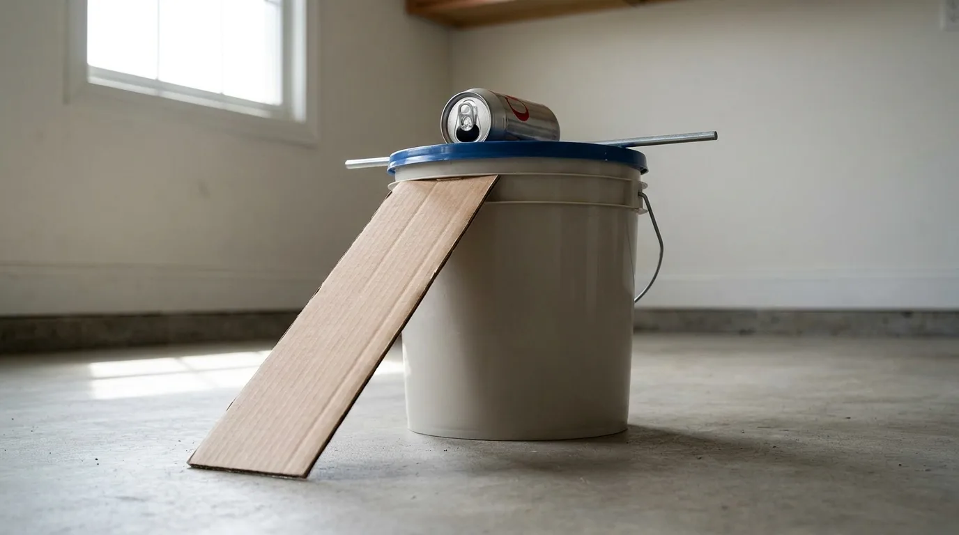 Piège à souris maison avec un seau, une canette et une rampe