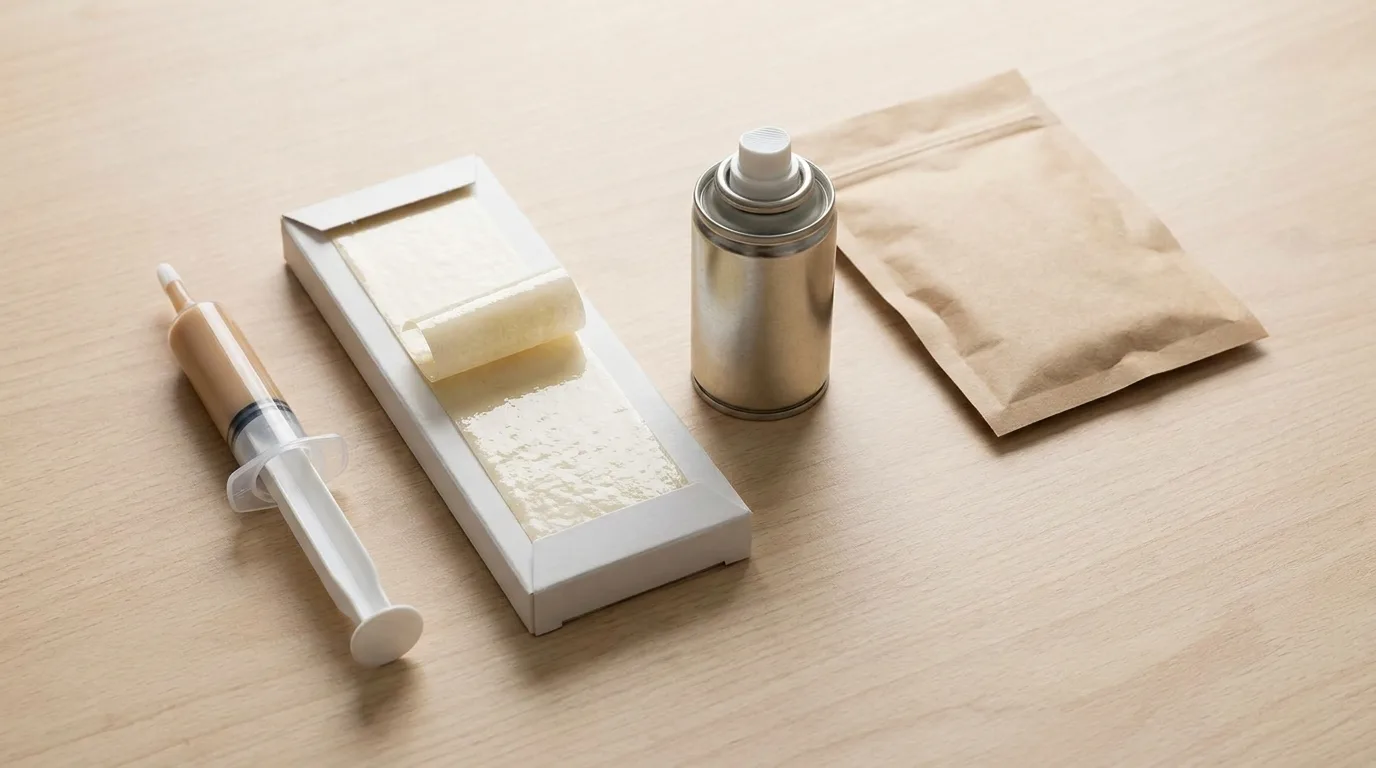 Différents produits anti-cafards alignés : gel, pièges, spray et poudre