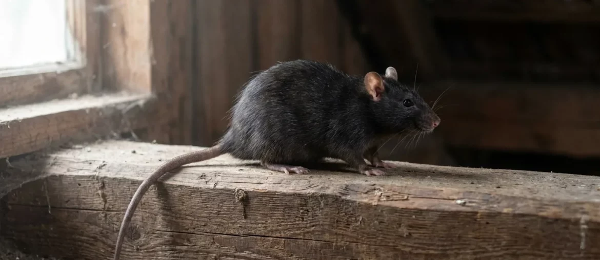 Rat noir (Rattus rattus) sur une poutre de comble