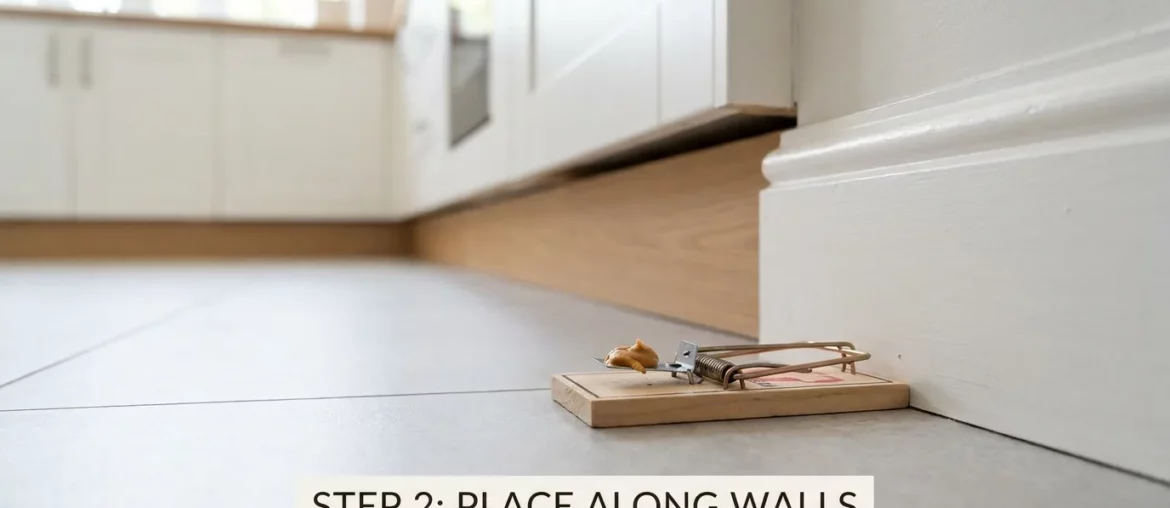 Tapette à souris appâtée posée le long d'une plinthe pour se débarrasser des souris