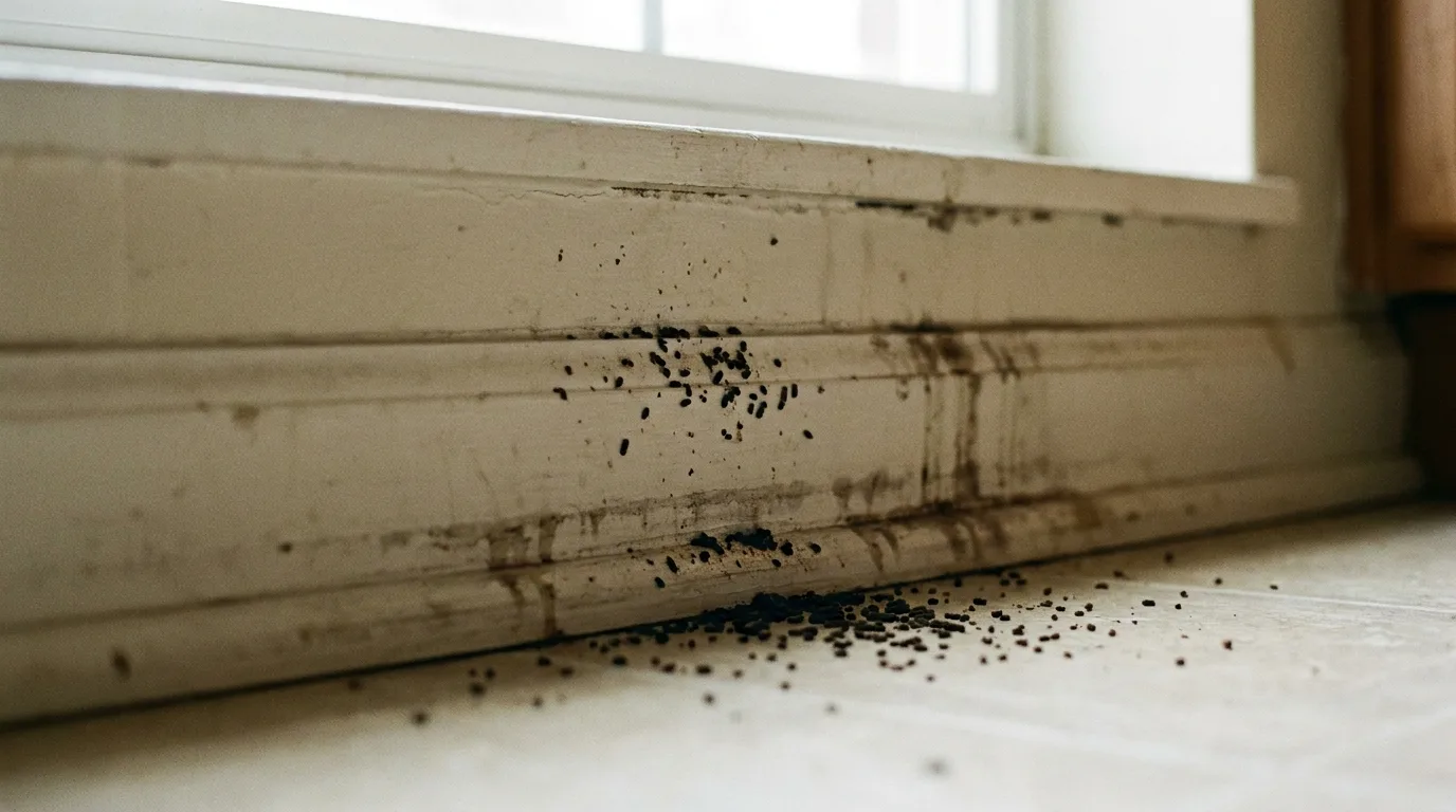 Traces et déjections de cafards le long d'une plinthe de cuisine