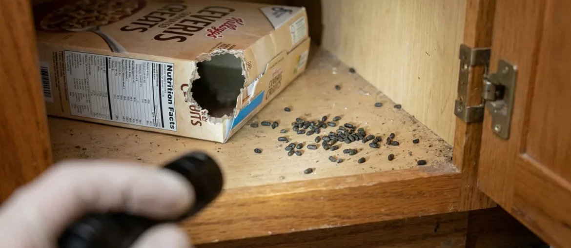 Placard de cuisine avec emballage alimentaire rongé et petites crottes de souris, signes de présence de souris