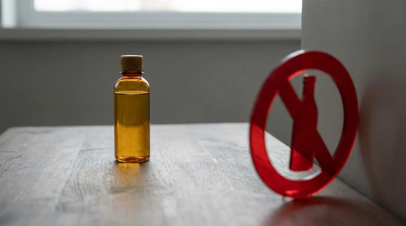 Flacon générique d'insecticide liquide non étiqueté posé sur une table avec un symbole d'interdiction, illustrant le danger d'un produit interdit