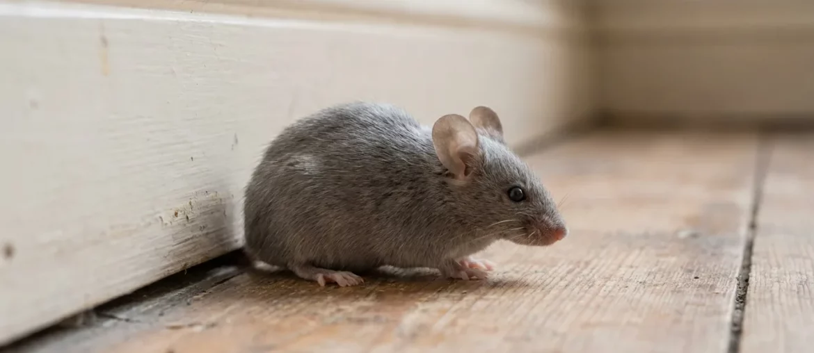 Souris grise (Mus musculus) le long d'une plinthe