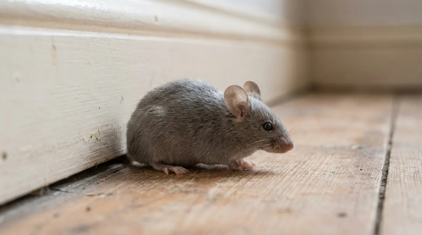 Souris grise (Mus musculus) au pelage gris-brun le long d'une plinthe en bois